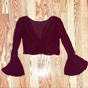 Maroon Lace Up Flare Sleeve Crop Top